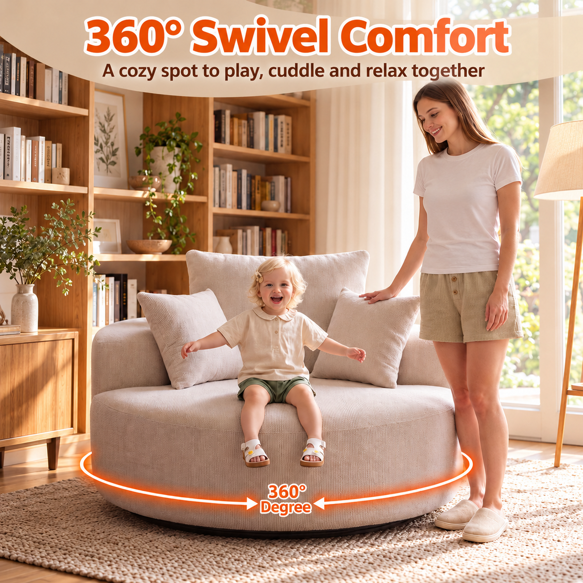 Child on the 360 degree swivel round chair with a parent nearby, a cozy spot to play and relax