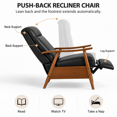 Push-back recline diagram showing neck, back and leg support with automatic footrest