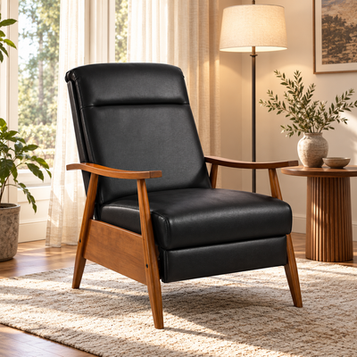 Black mid-century recliner armchair upright beside a floor lamp and side table