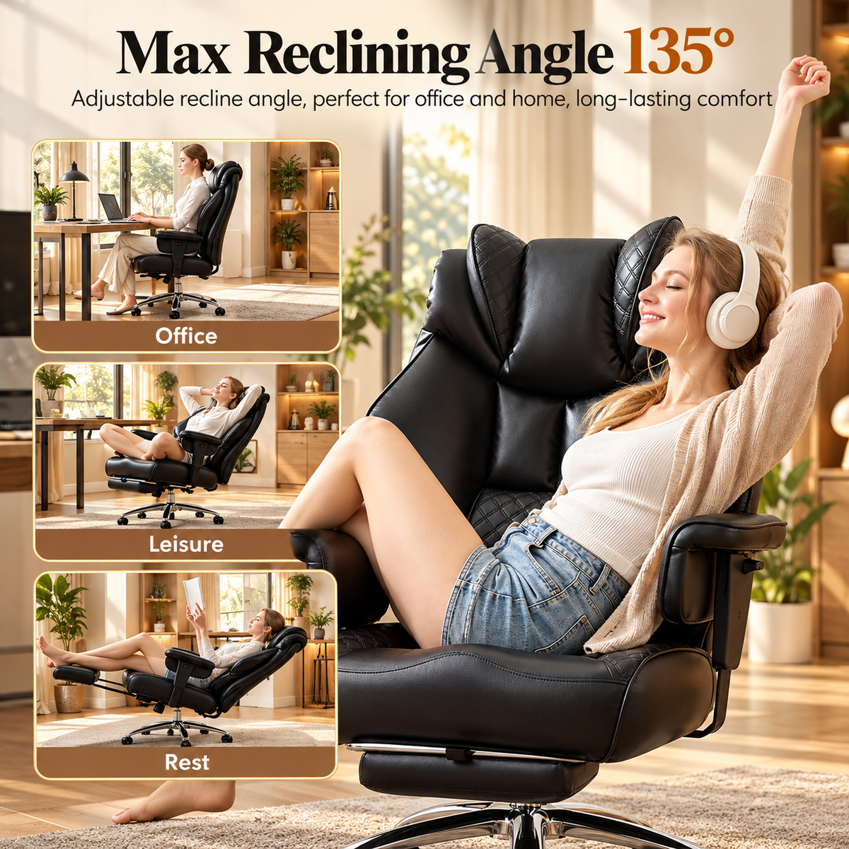 Executive office chair reclining back to 135 degrees with footrest