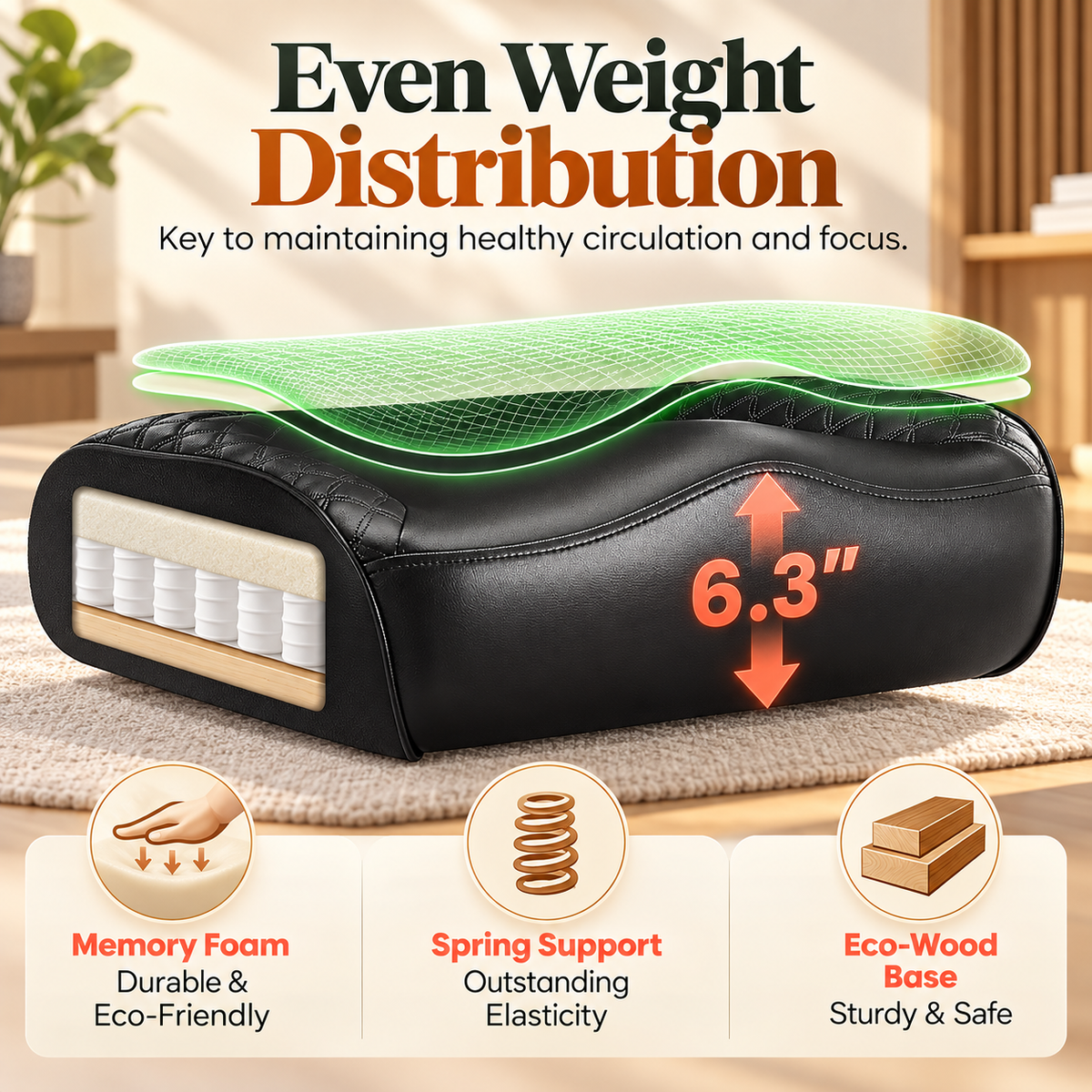 Memory foam seat cushion with even weight distribution