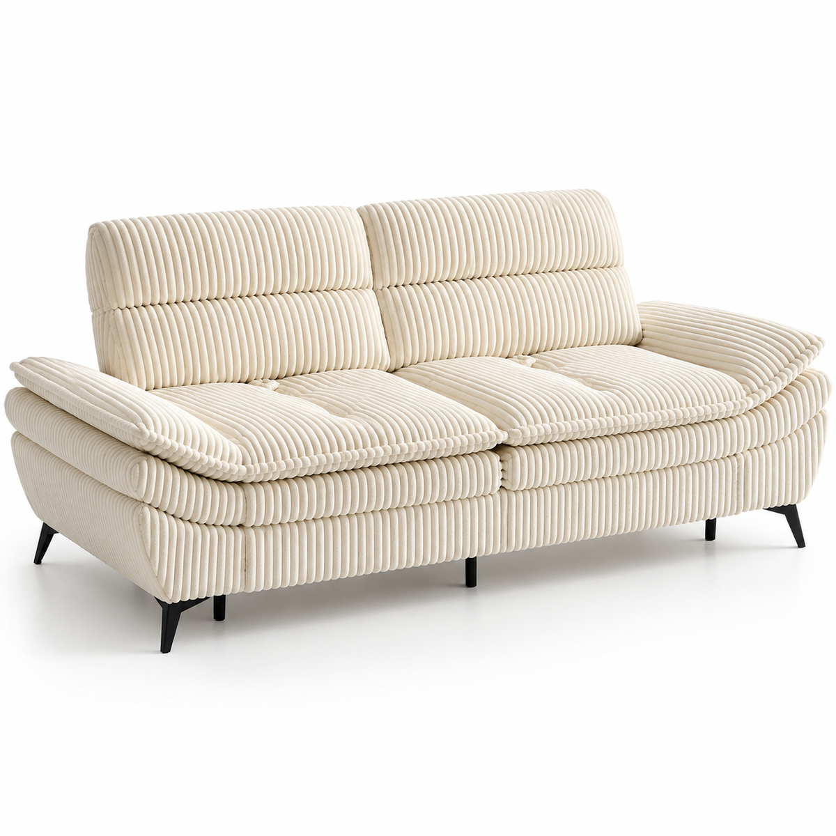 Beige wide-rib corduroy deep-seat sofa with reclining backrest and black metal legs