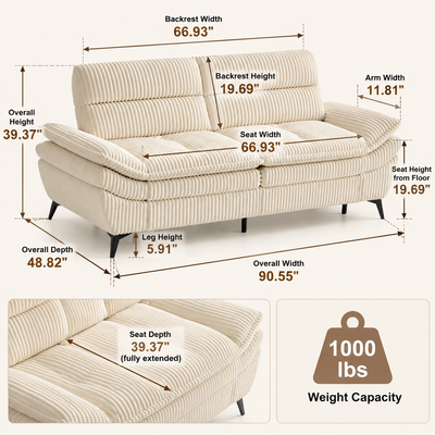 Sofa dimensions: 90.55 in W x 48.82 in D x 39.37 in H, 66.93 in seat width, 19.69 in seat height, 39.37 in seat depth fully extended, 11.81 in arms, 5.91 in legs, 1000 lb capacity