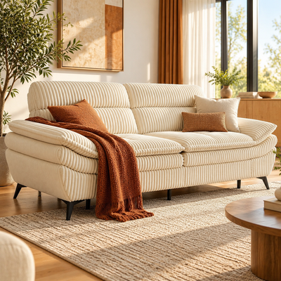 Beige corduroy sofa with rust throw and pillows in a sunlit living room