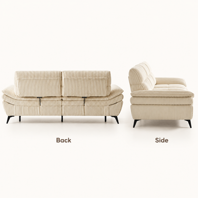 Back and side views of the beige corduroy sofa