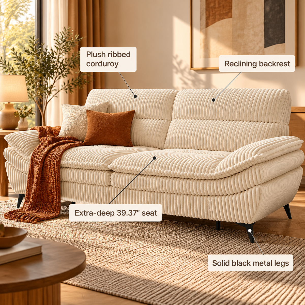 Features: plush ribbed corduroy, reclining backrest, extra-deep 39.37 in seat and solid black metal legs