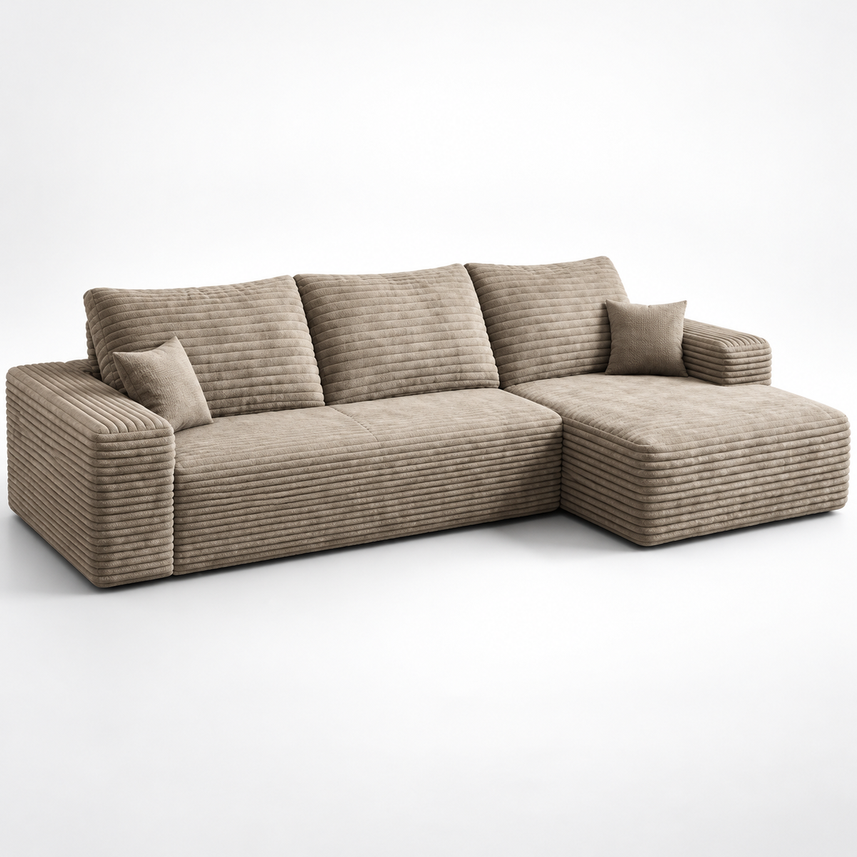 Camel ribbed boneless cloud sectional couch with right-facing chaise and two pillows