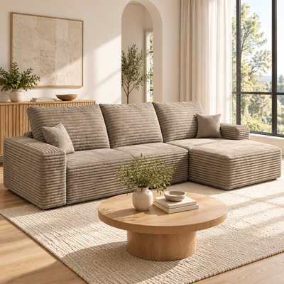 Camel cloud sectional with chaise in a sunlit living room