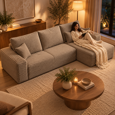 Woman reading on the chaise of the cloud sectional in the evening