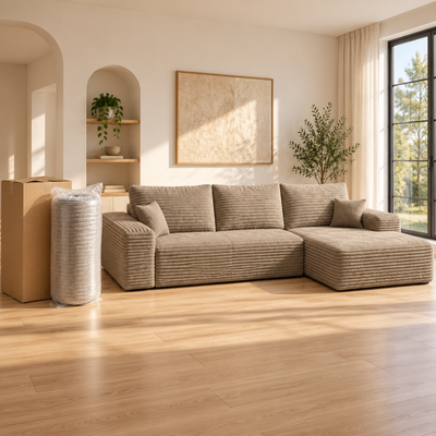 Cloud sectional set up next to its compressed roll and shipping box