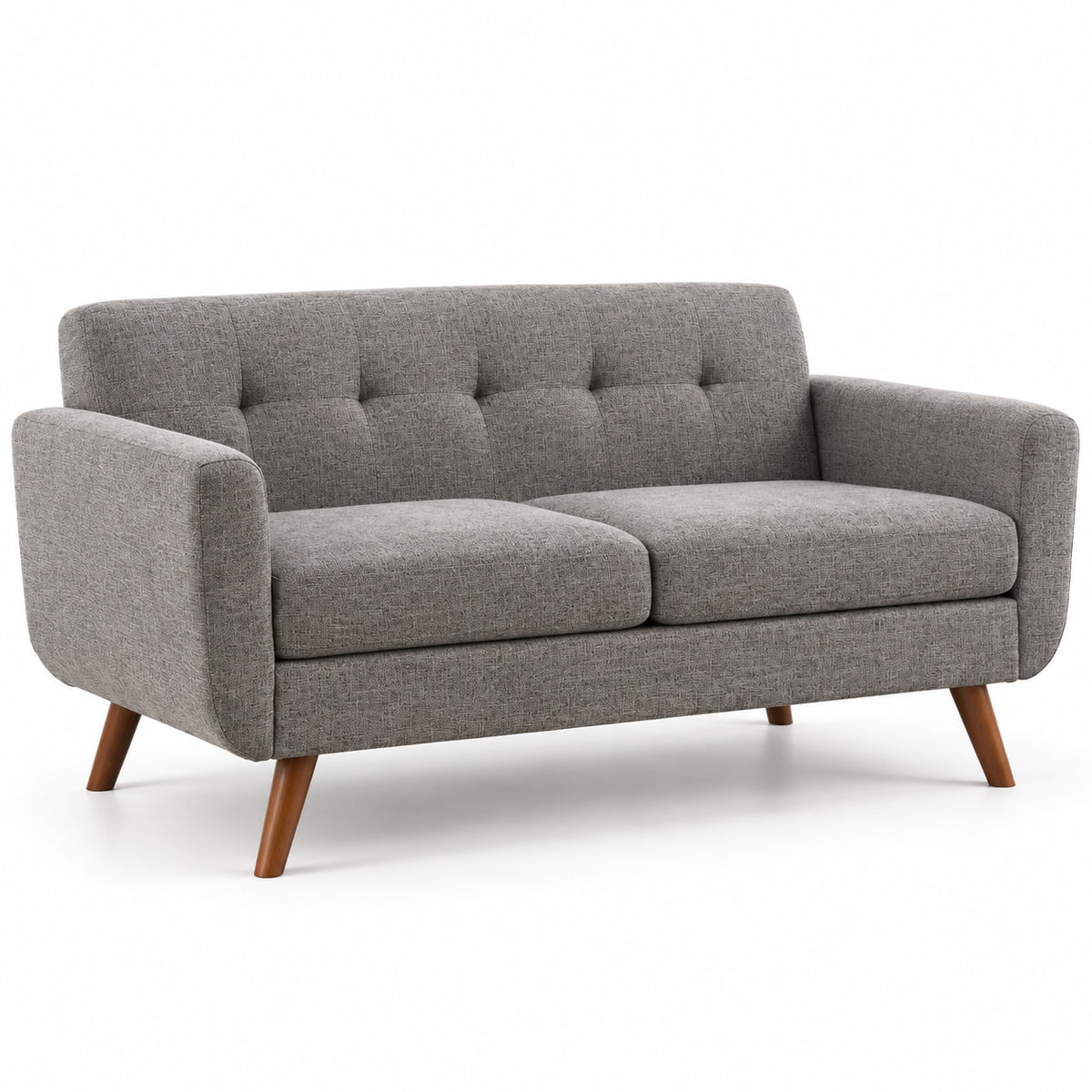 Gray button-tufted mid-century loveseat with tapered solid wood legs