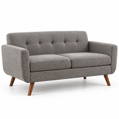 Gray button-tufted mid-century loveseat with tapered solid wood legs