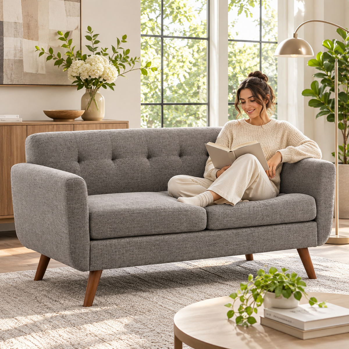 Gray tufted loveseat in a bright living room with a woman reading
