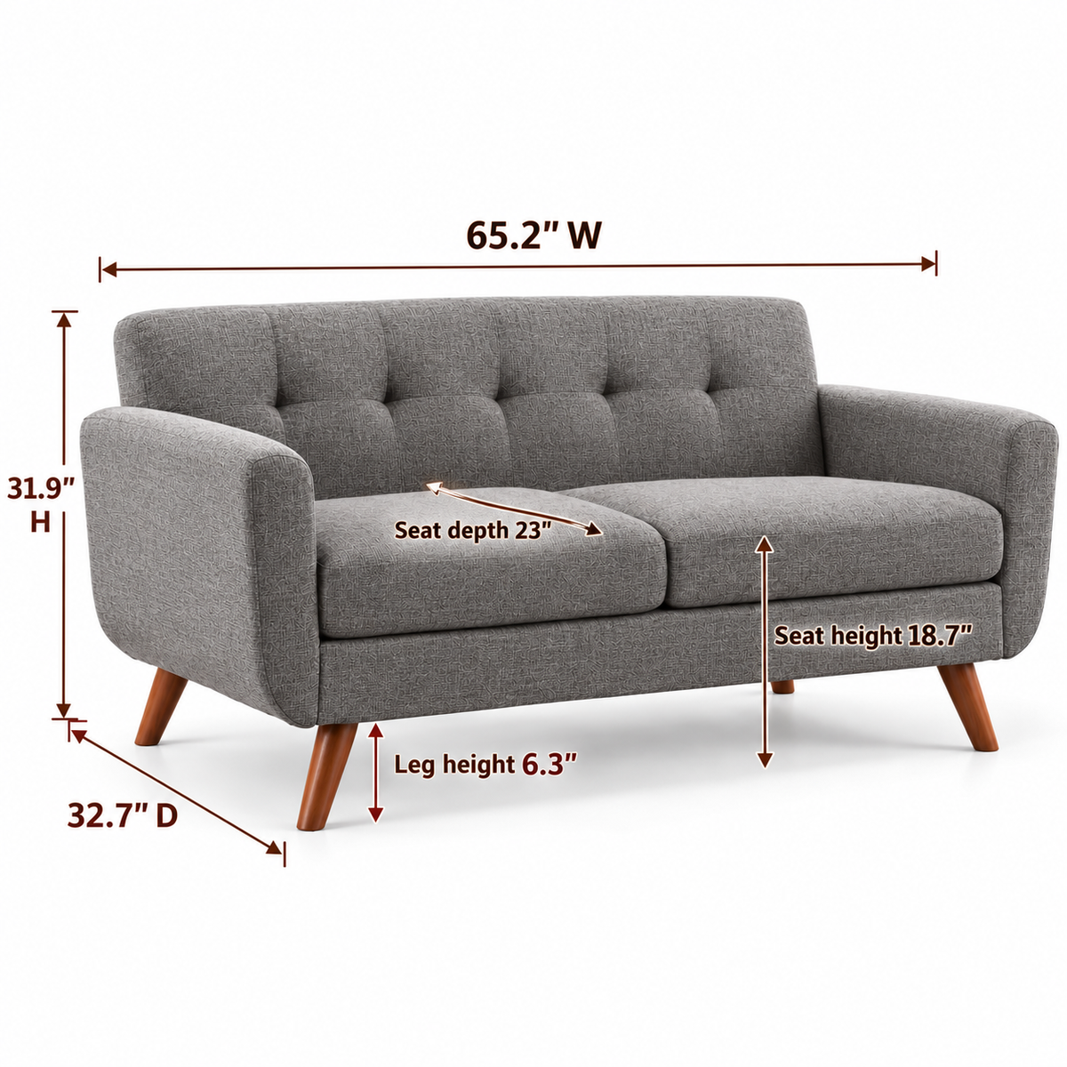 Loveseat dimensions: 65.2 in W x 32.7 in D x 31.9 in H; seat depth 23 in, seat height 18.7 in, leg height 6.3 in