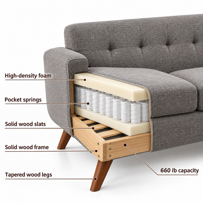 Cutaway showing high-density foam, pocket springs, solid wood slats and frame, tapered wood legs; 660 lb capacity