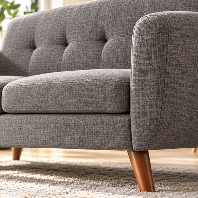 Close-up of gray linen-look tufted fabric, seat cushion and tapered wood leg