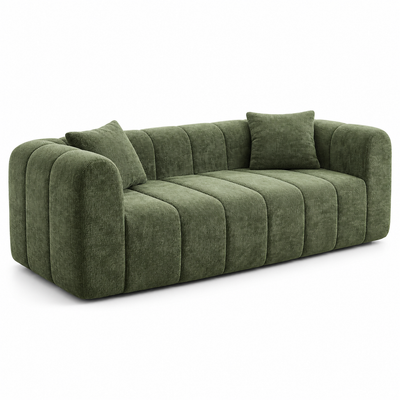 Green channel-tufted chenille boneless cloud couch with rounded arms and two pillows