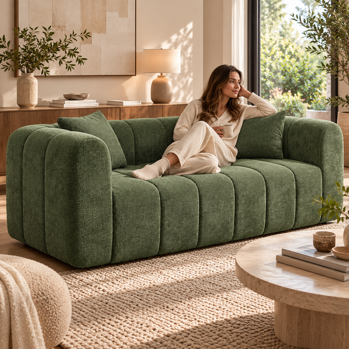 Woman relaxing on the green 3-seat cloud couch in a sunlit living room
