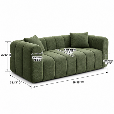 Couch dimensions: 88.58 in W x 35.43 in D x 26.97 in H; seat depth 25.2 in, seat height 15.75 in, arm width 10.24 in