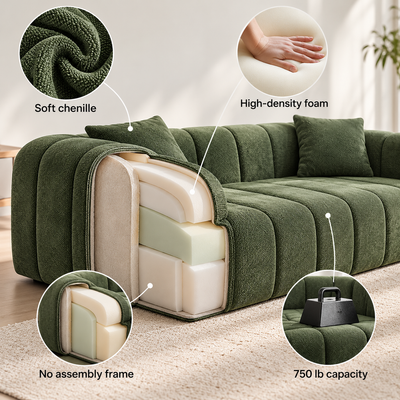 Cutaway of all high-density foam construction with soft chenille cover, no frame to assemble; 750 lb capacity