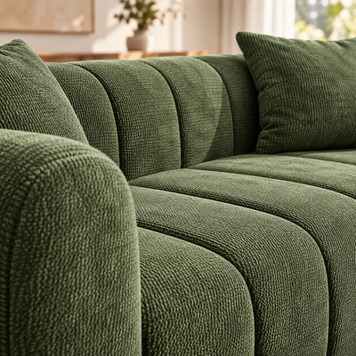 Close-up of green channel-tufted chenille texture and rounded arm