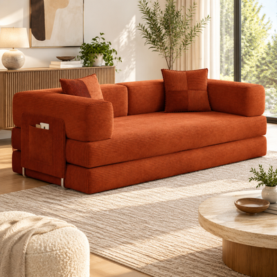 Orange corduroy boneless futon sleeper sofa with side armrest pocket and two pillows