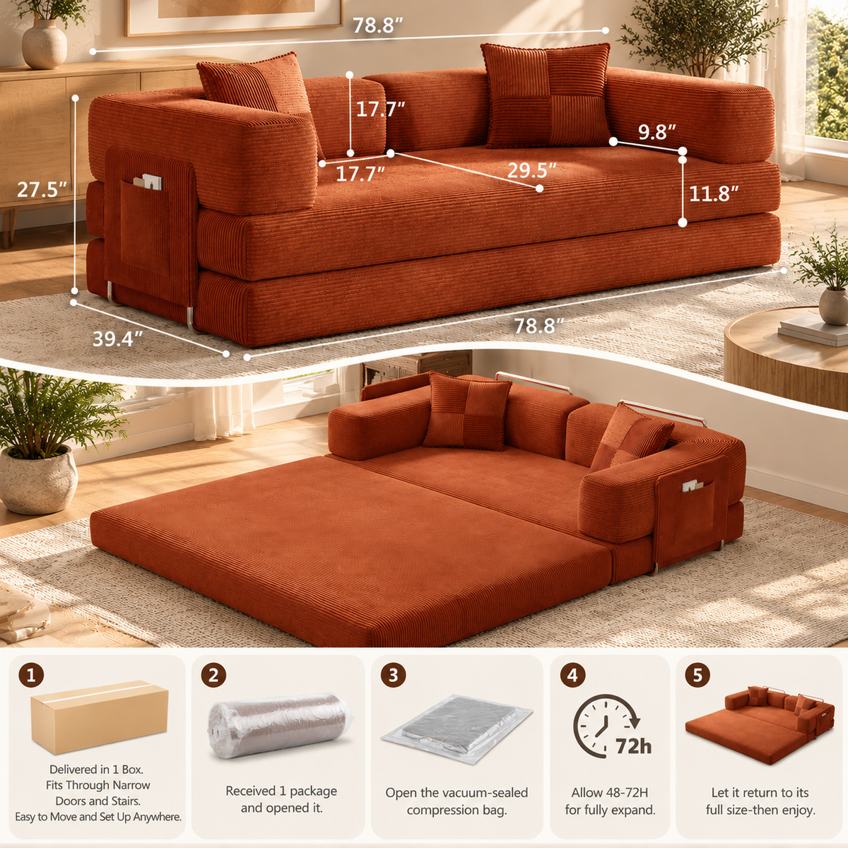 Futon sofa dimensions: 78.8 in W x 39.4 in D x 27.5 in H, 29.5 in seat depth, 9.8 x 11.8 in arms; unfolds into a bed; arrives compressed in 1 box, expands in 48-72 hours