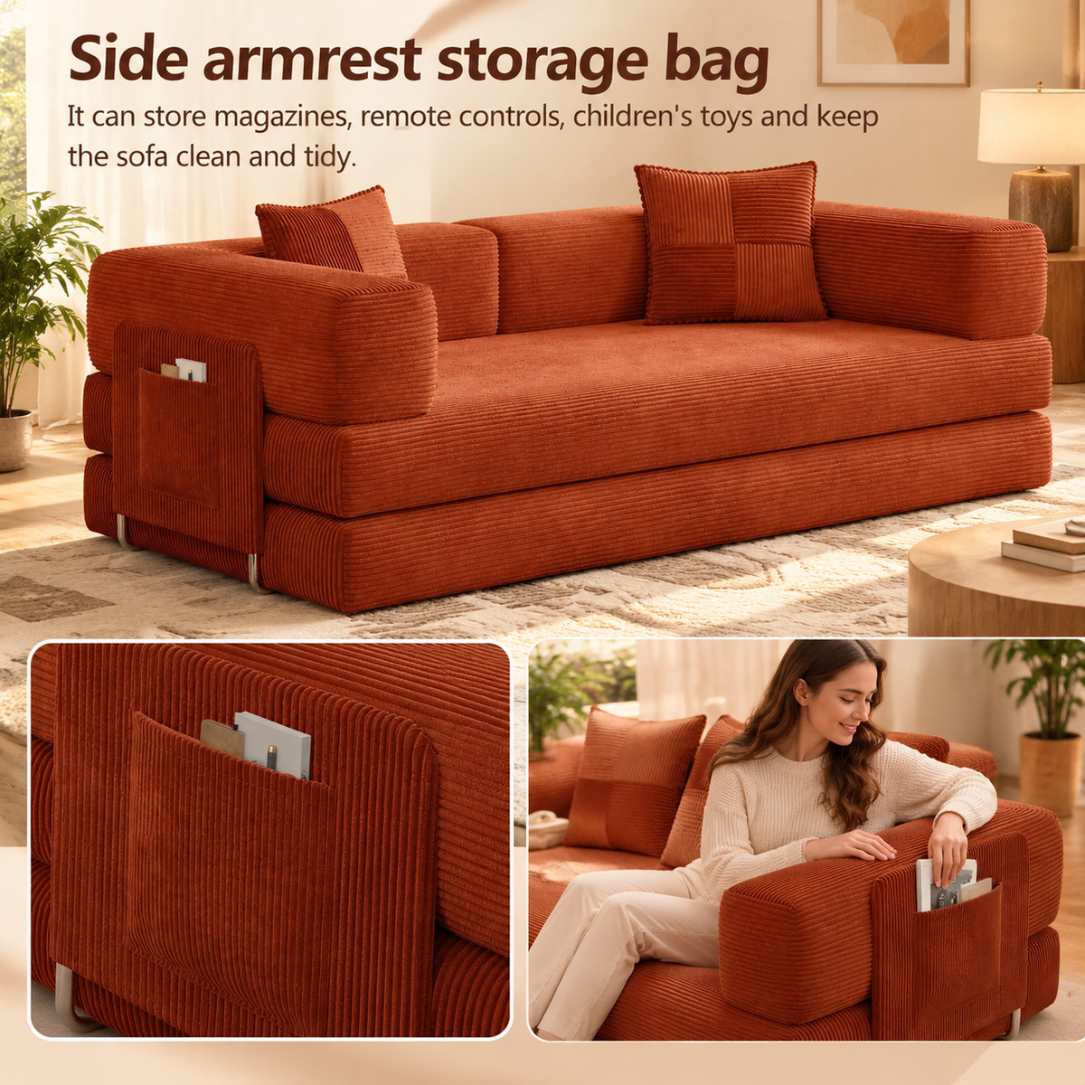 Side armrest storage pocket for magazines, remotes and toys