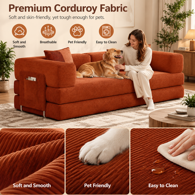 Soft, breathable, pet-friendly, easy-to-clean corduroy with a dog on the sofa