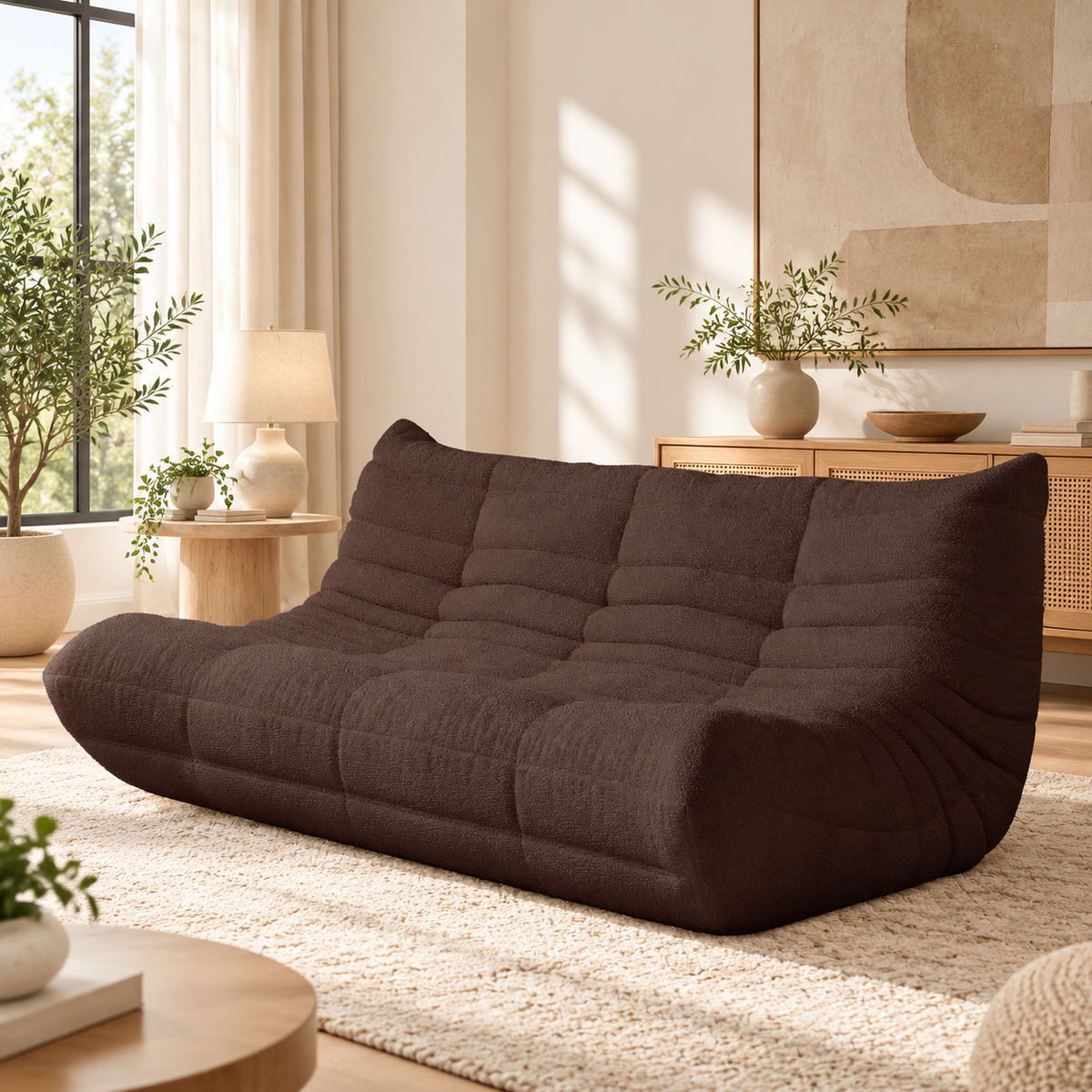 Dark brown teddy fleece oversized bean bag floor couch in a living room