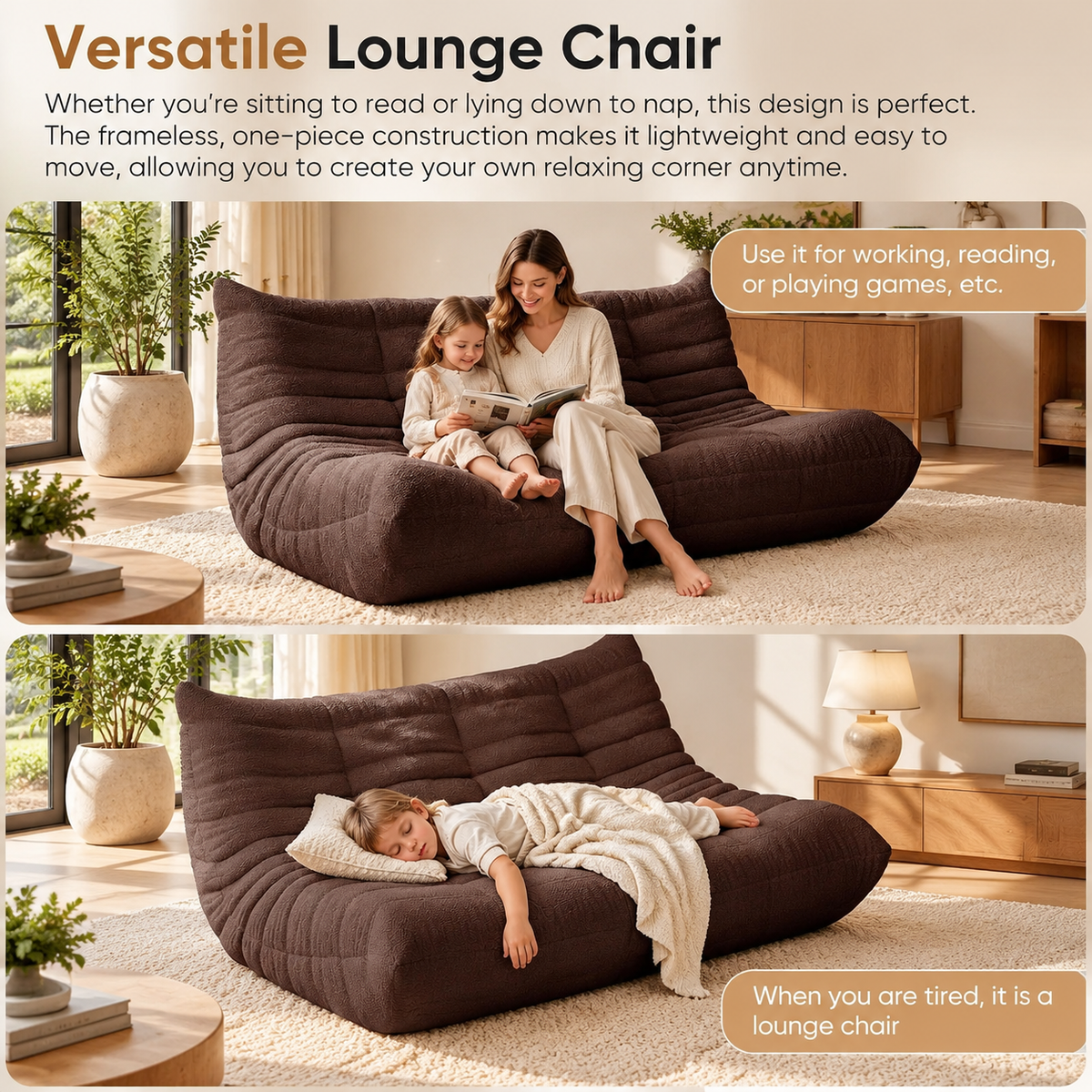 Versatile floor couch for reading with family or napping