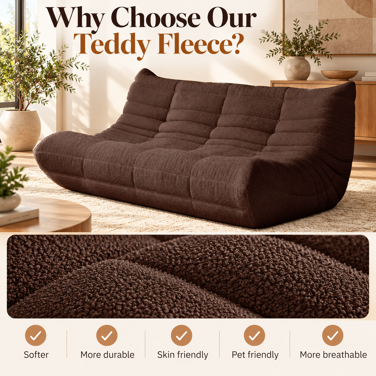 Soft, durable, pet-friendly and breathable teddy fleece close-up