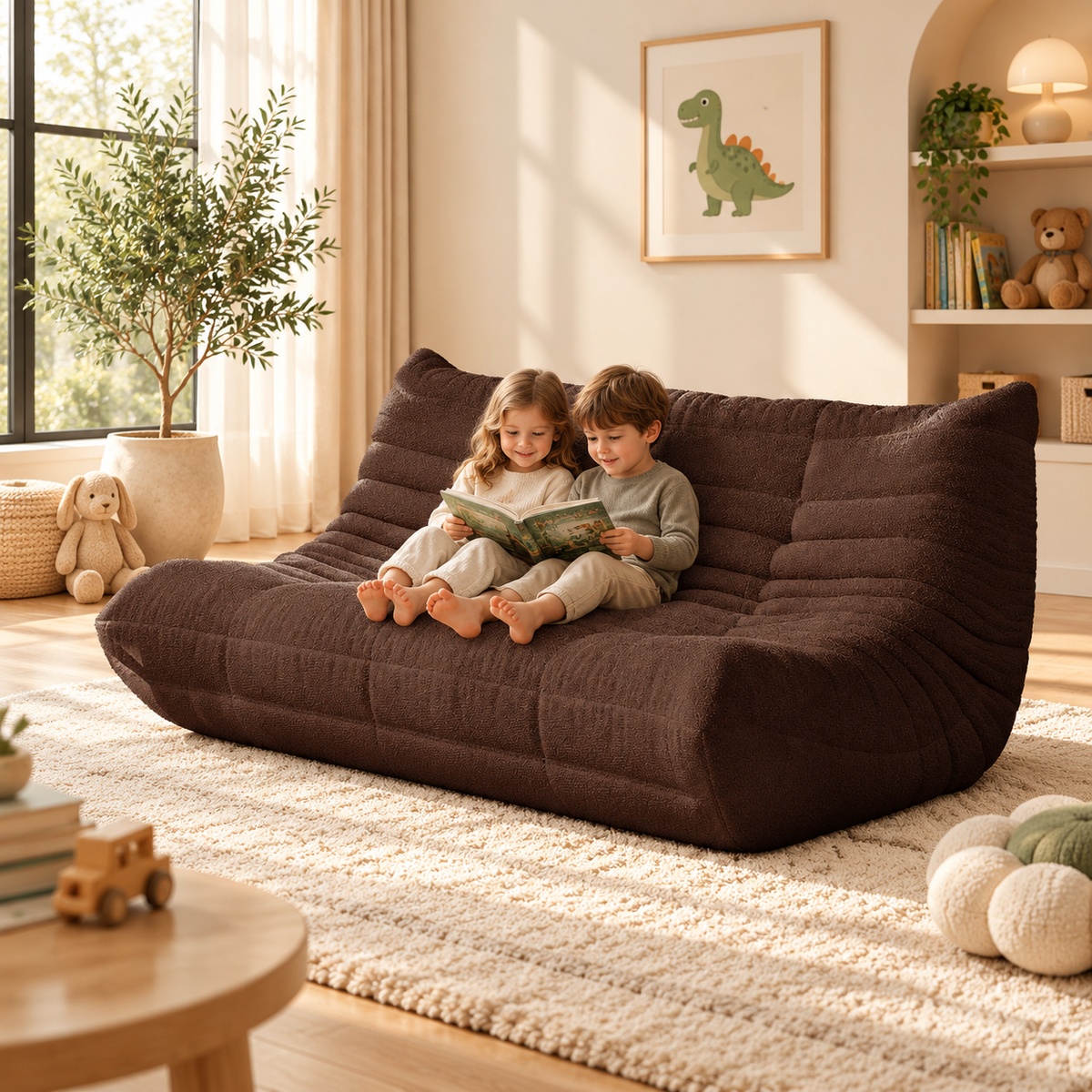 Two children reading together on the brown floor couch