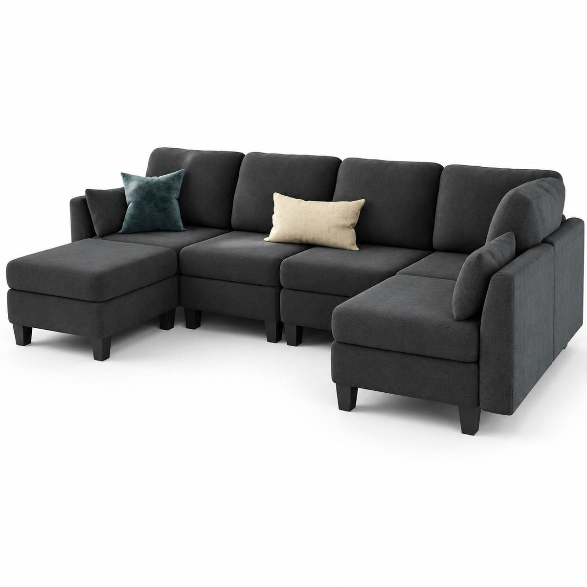 Dark grey modular U-shaped sectional sleeper sofa with ottoman and throw pillows