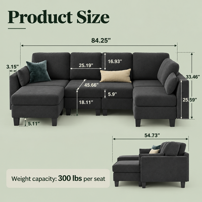 Sectional dimensions: 84.25 in W x 54.73 in D x 33.46 in H, 25.19 in seat width, 18.11 in seat height, 25.59 in arm height, 300 lb per seat