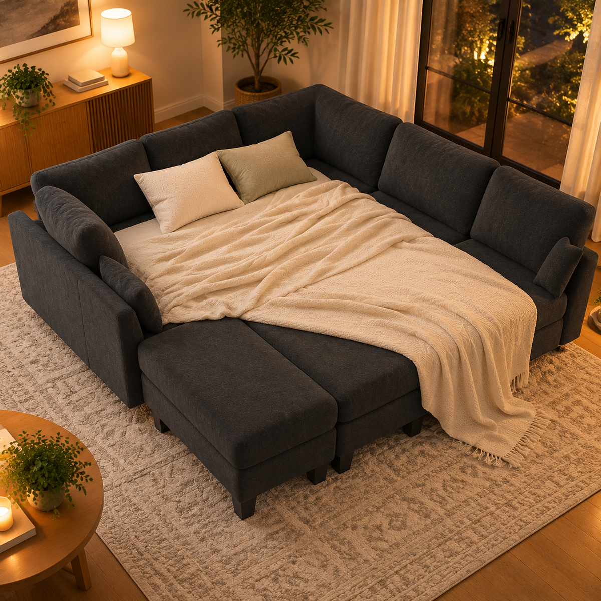 Sectional arranged as a large sleeper bed with pillows and a throw