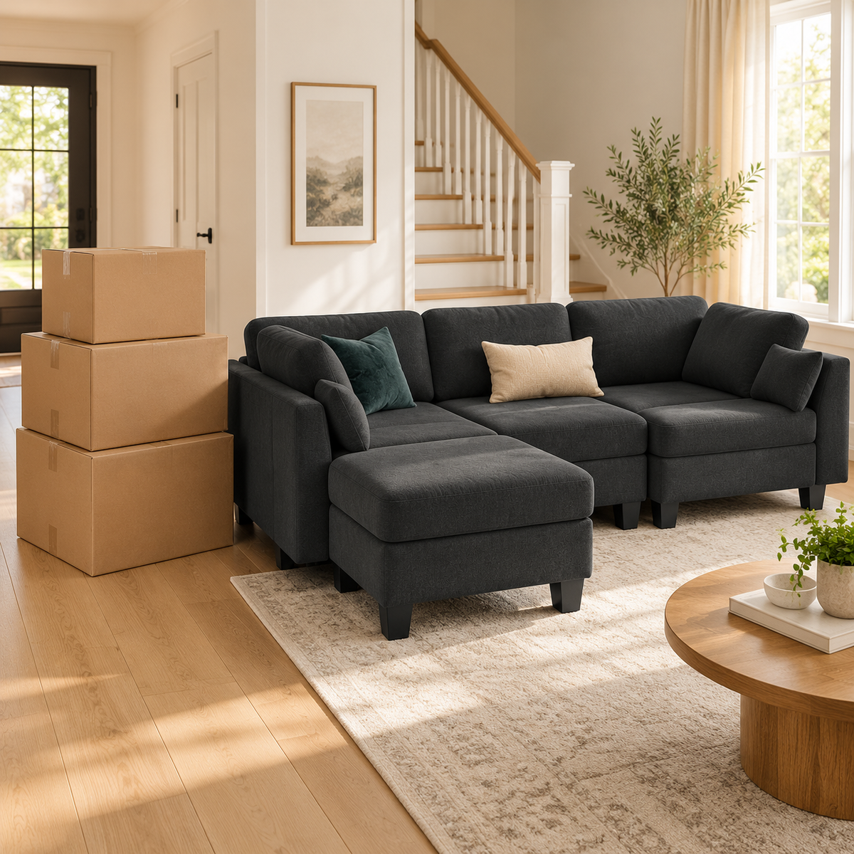 Dark grey modular sectional set up in a living room next to delivery boxes