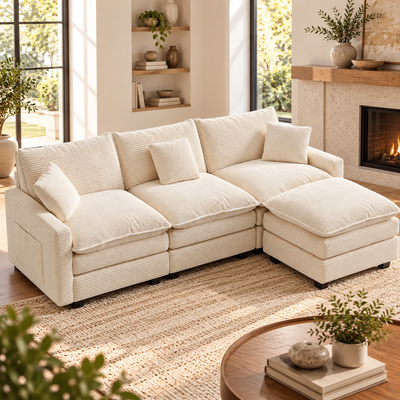 Cream corduroy L-shaped modular cloud sectional with movable ottoman and throw pillows