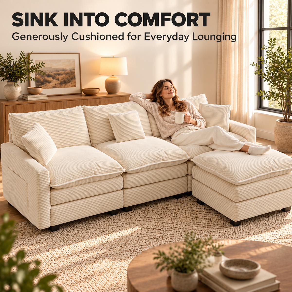 Woman lounging on the cream cloud sectional with feet on the ottoman