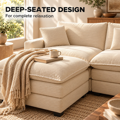 Deep-seated design with ottoman pushed against the sectional seat