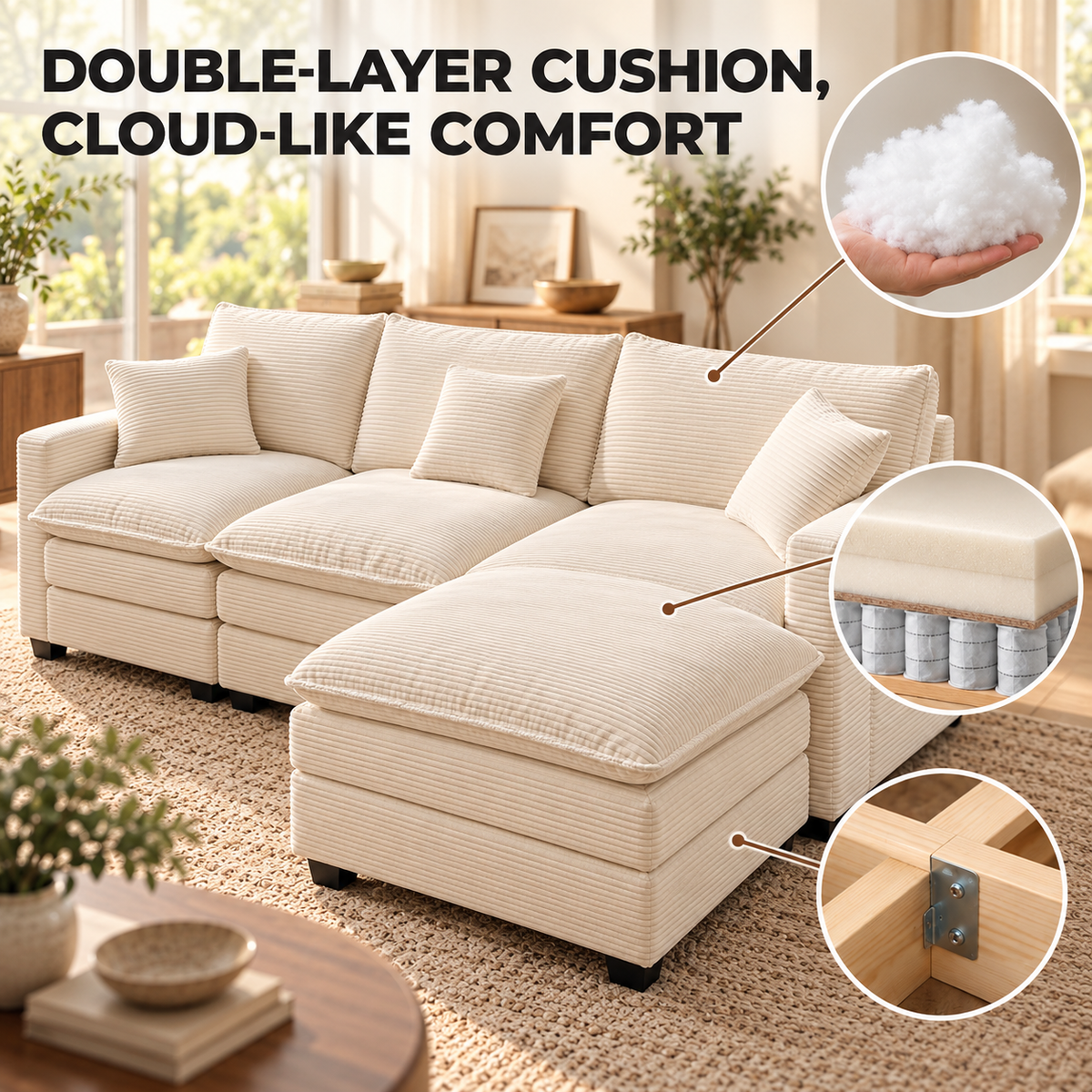 Double-layer cushion with soft fill, foam over pocket springs and a wood frame