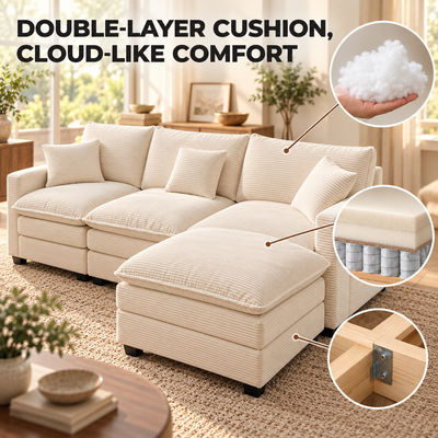 Double-layer cushion with soft fill, foam over pocket springs and a wood frame