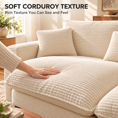 Close-up of soft cream corduroy seat cushion texture