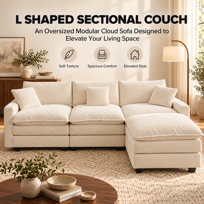 L-shaped modular cloud sectional couch in a bright living room