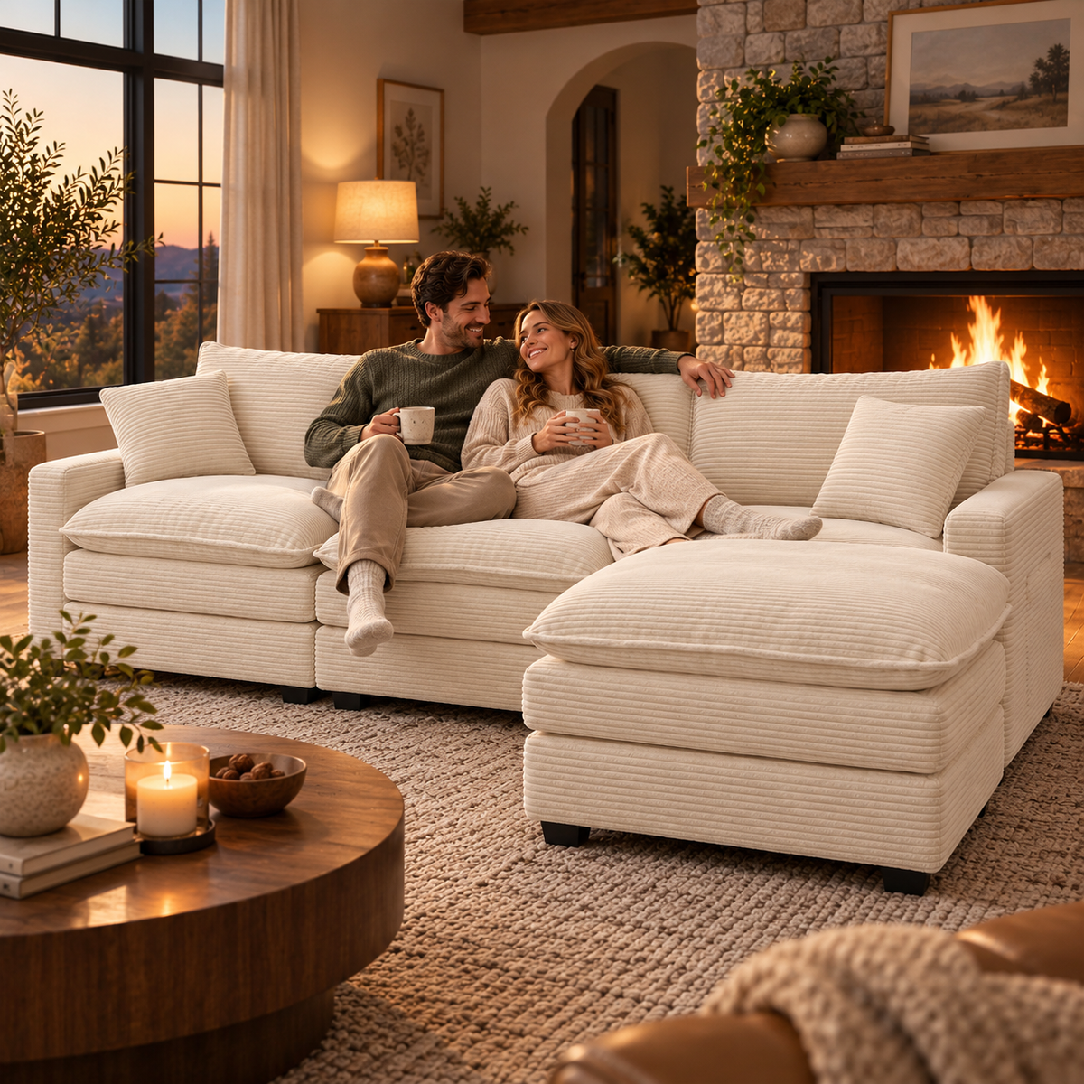 Cream corduroy sectional with ottoman by a fireplace