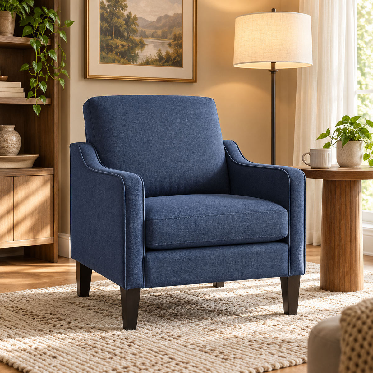 Navy blue mid-century scooped arm accent chair with tapered dark legs in a living room