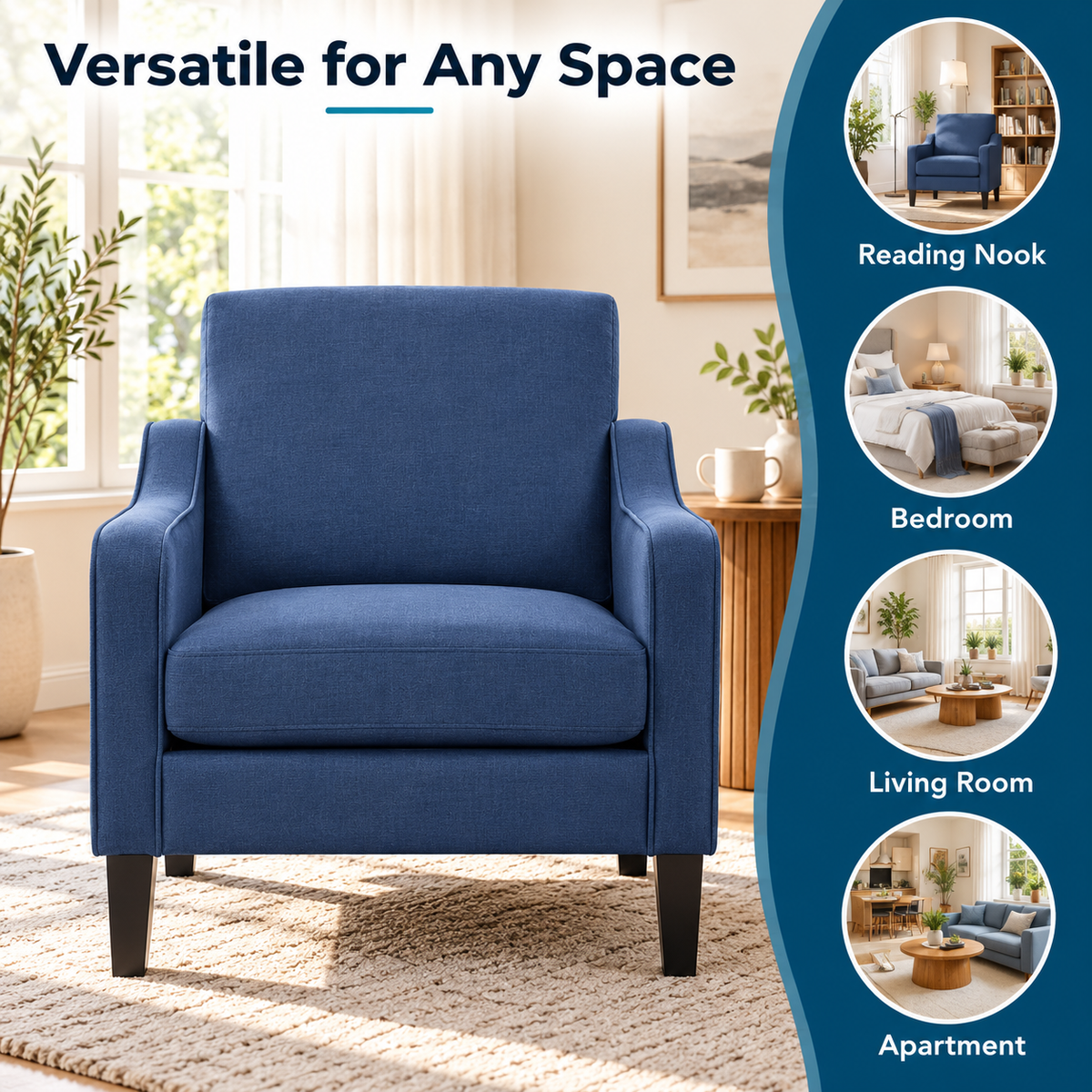 Versatile accent chair for reading nooks, bedrooms, living rooms and apartments