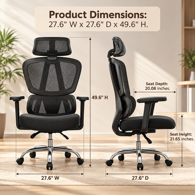High-back mesh chair dimensions graphic showing overall size, seat depth and seat height