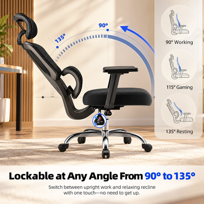 Mesh chair reclined between 90 and 135 degrees with working, gaming and resting positions, lockable at any angle