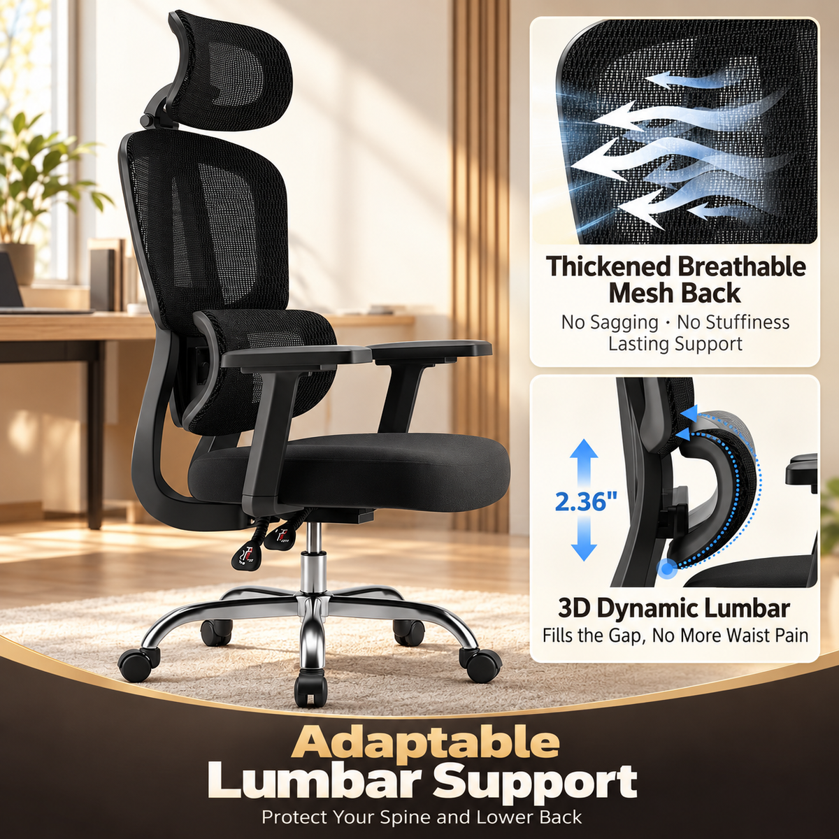Adaptable 3D dynamic lumbar support with 2.36 inch adjustment and thickened breathable mesh back
